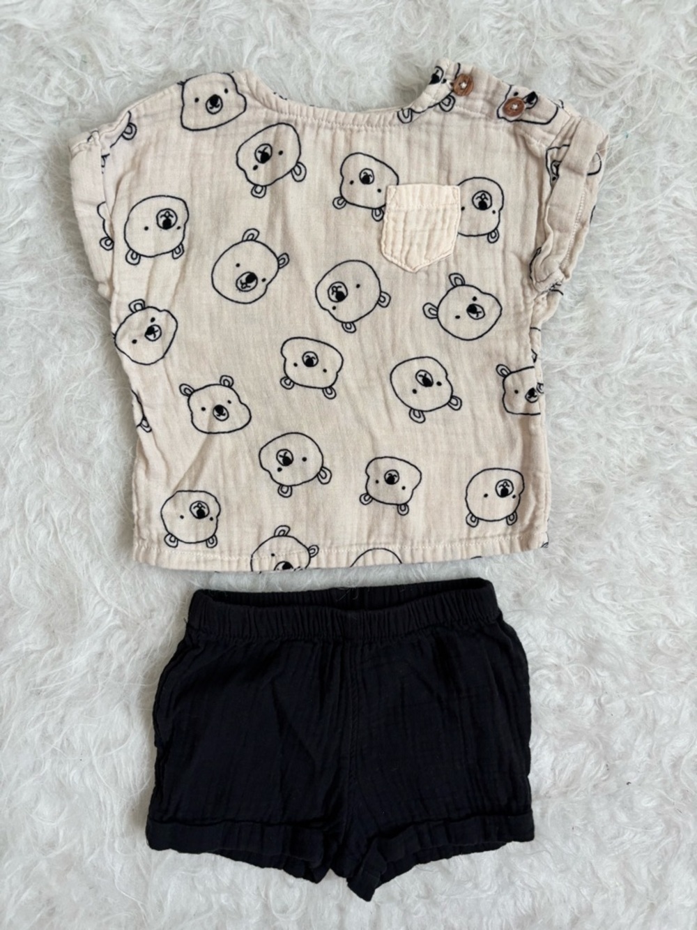 Cat & Jack Baby Neutral Beige & Black Matching Summer Set with Bear Face AOP